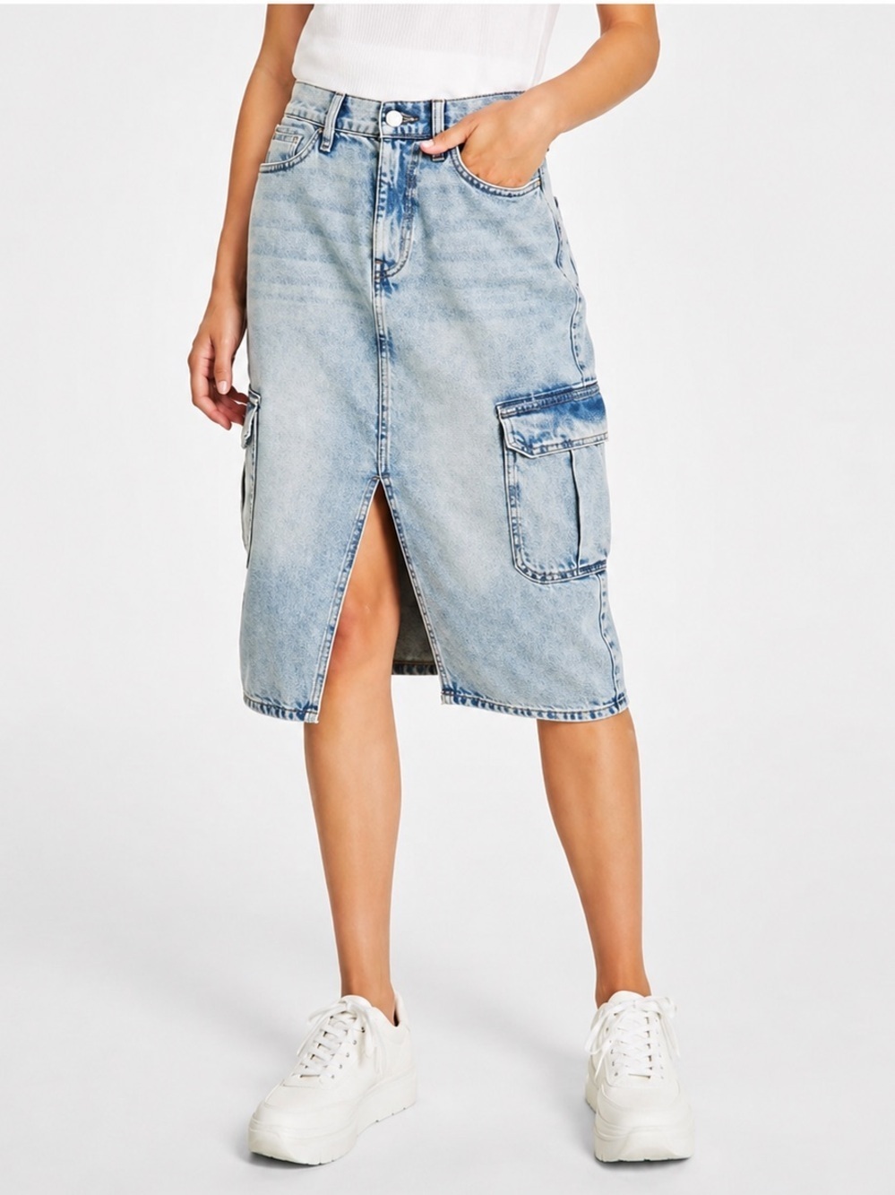 Calvin Klein Jeans Cotton HighRise Cargo Denim Midi Skirt Size 00 24 Streetwear